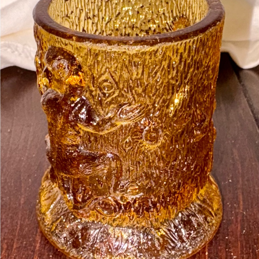 Vintage Amber Glass Dish with Embossed Monkey climbing a tree design candle
